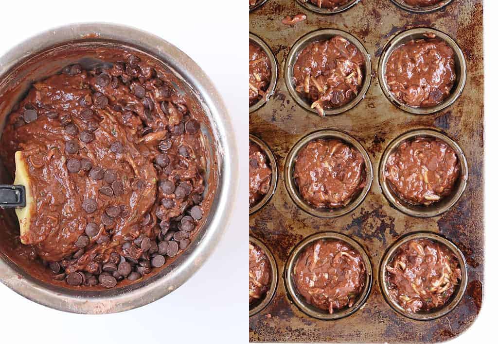 Chocolate muffin batter in a baking tin