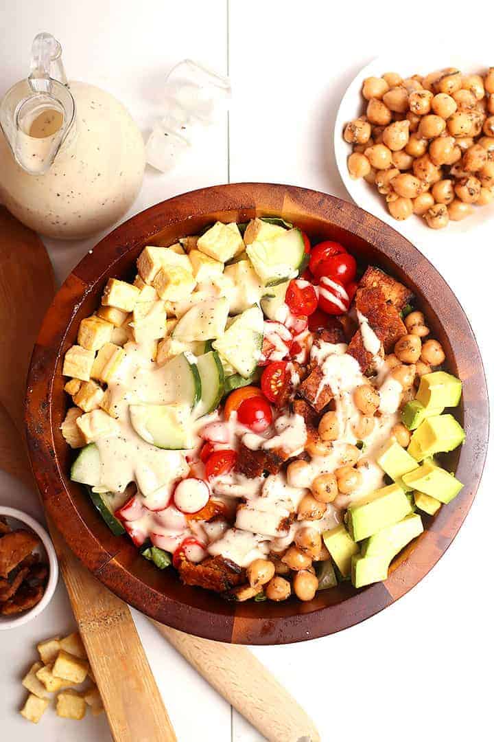 Overhead Vegan Cobb Salad in wooden bowl