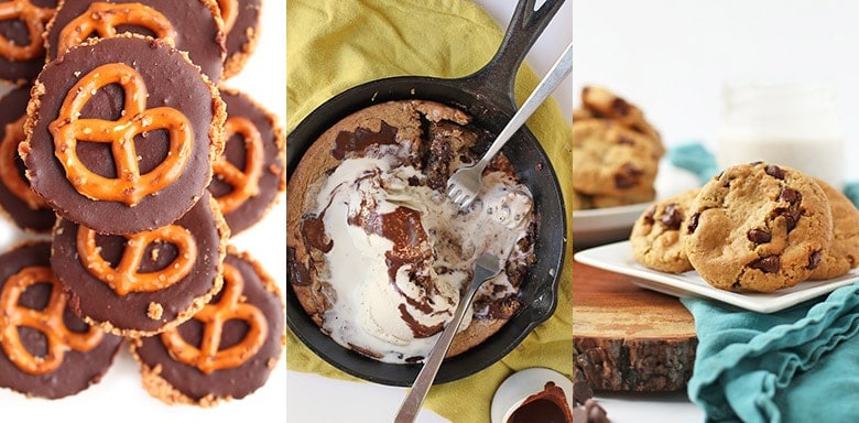 chocolate pretzel tarts, vegan skillet cookie, vegan chocolate chip cookies