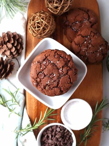 Salted Chocolate cookies on wooden board.