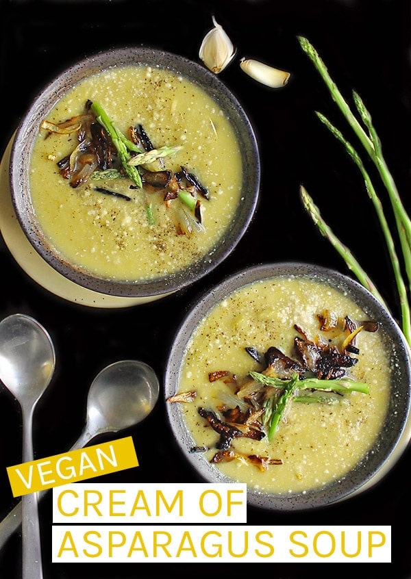 A vegan asparagus soup that is creamy, hearty, and filled with hidden vegetables making for a delicious and healthy winter meal. Made in just 40 minutes for a quick dinner any night of the week.  #vegan #vegansoup #asparagus #veganrecipes