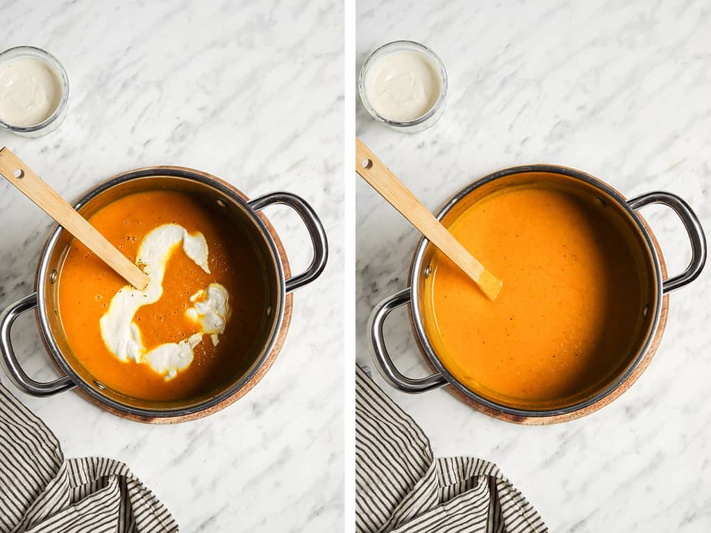 stirring puréed pumpkin soup with cashew cream in saucepan with wooden spoon 