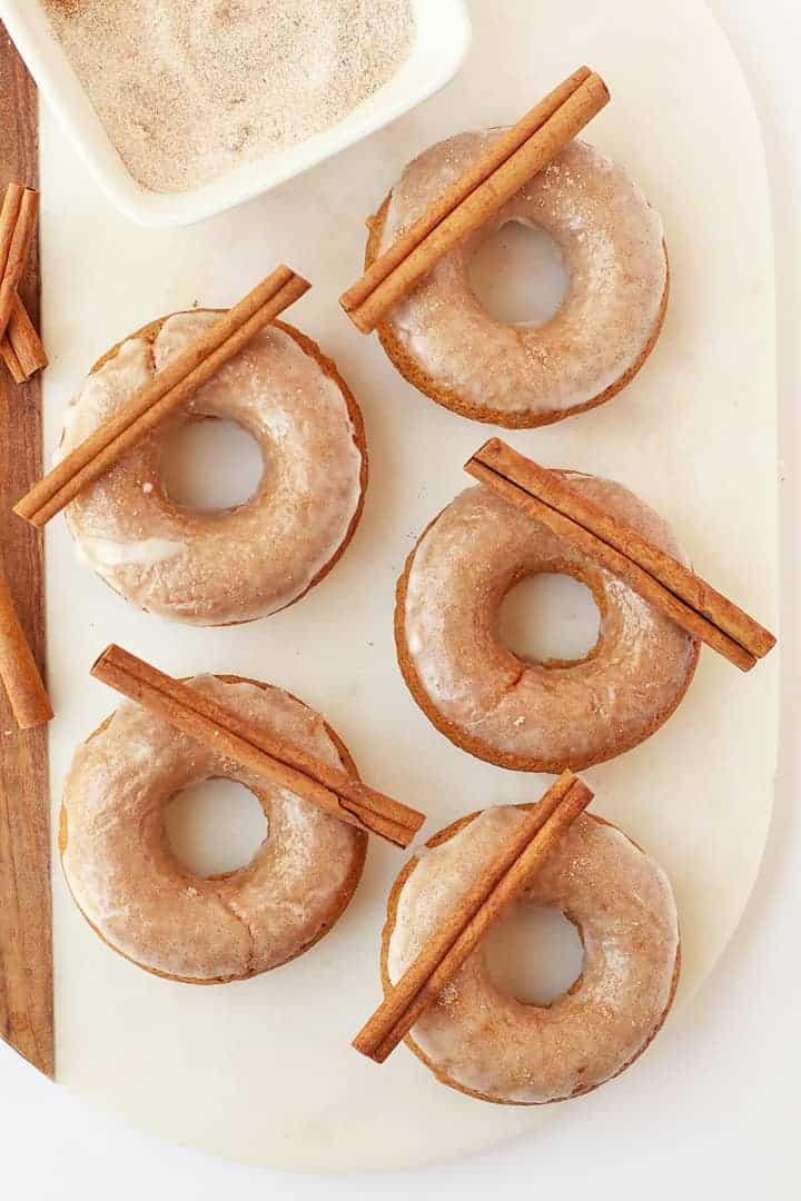 Finished donuts on a marble platter