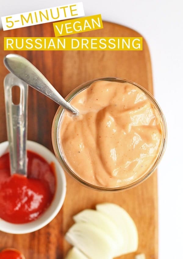 This vegan Russian Dressing can be made in just 5 minutes for a delicious classic salad dressing filled with sweet and spicy flavors. #vegan #salad #russiandressing #veganrecipes
