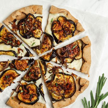 top view of eggplant pizza with vegan cheese