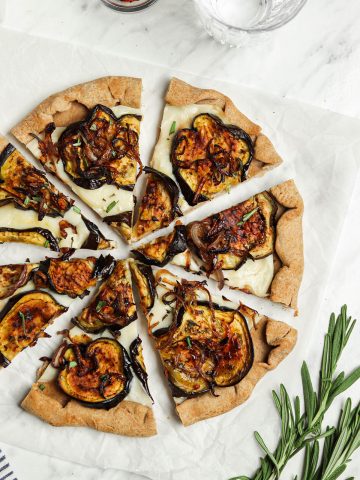 top view of eggplant pizza with vegan cheese