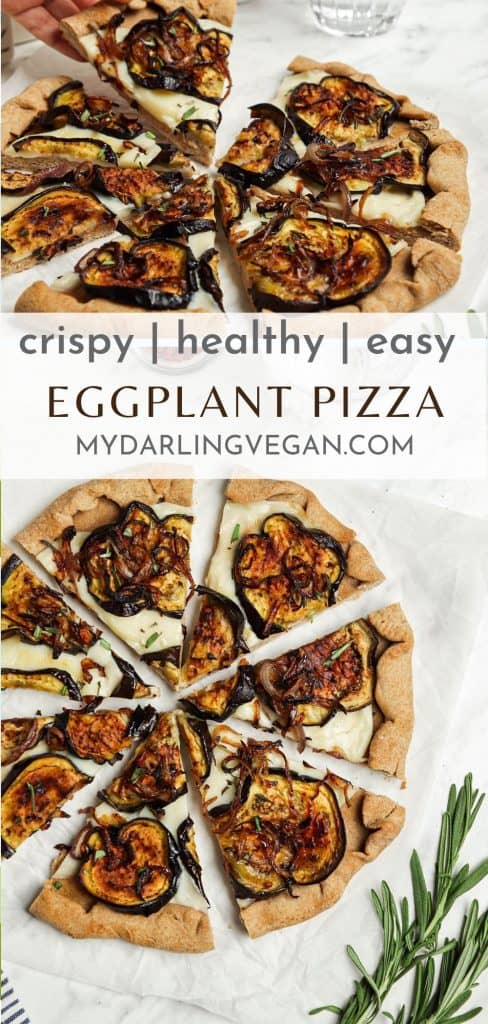 two photos of eggplant pizza
