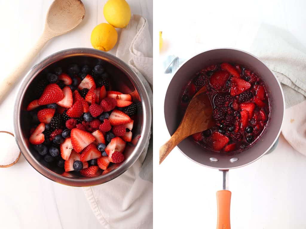 side by side images of fresh berries added to a saucepan on the left, and wooden spoon stirring cooked berries with sugar and lemon juice on the right