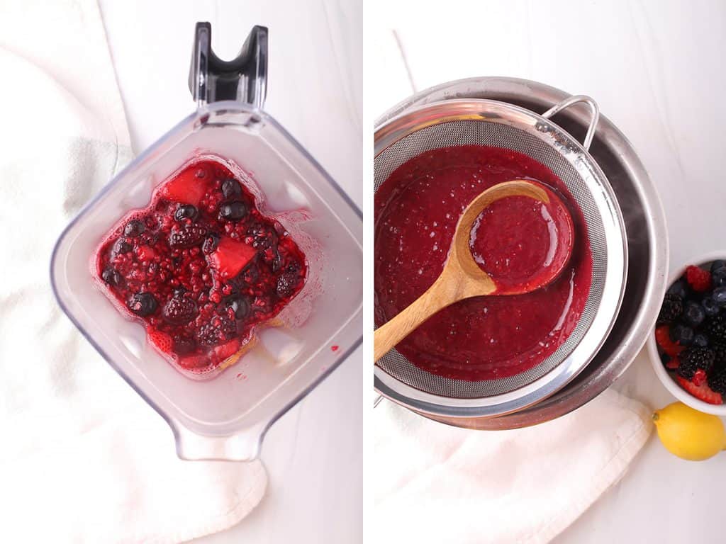 side by side images of cooked berries in a blender on the left, and berries after blending being strained on the right