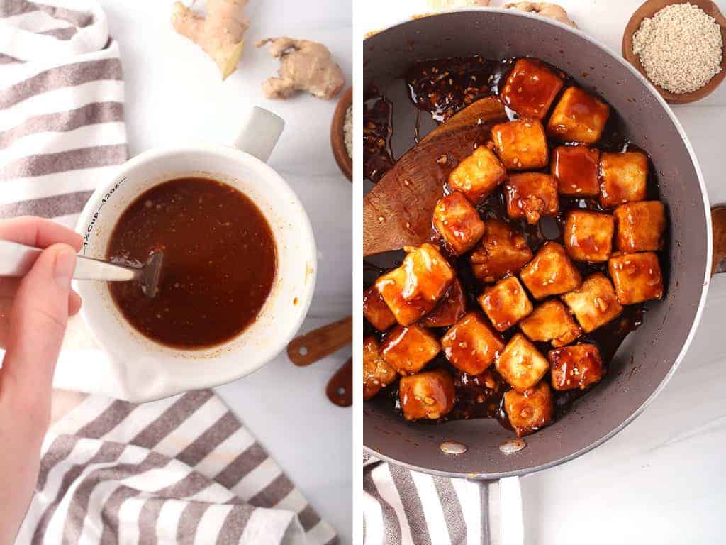 side by side images - hand stirring together general tso's sauce ingredients on the left, completed general tso's tofu in a sauté pan on the right