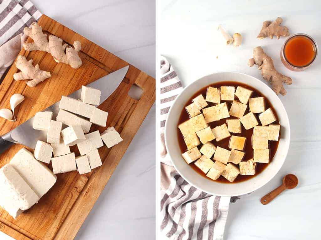 side by side images - tofu being cut into cubes on a cutting board on the left, tofu cubes marinating in a bowl on the right