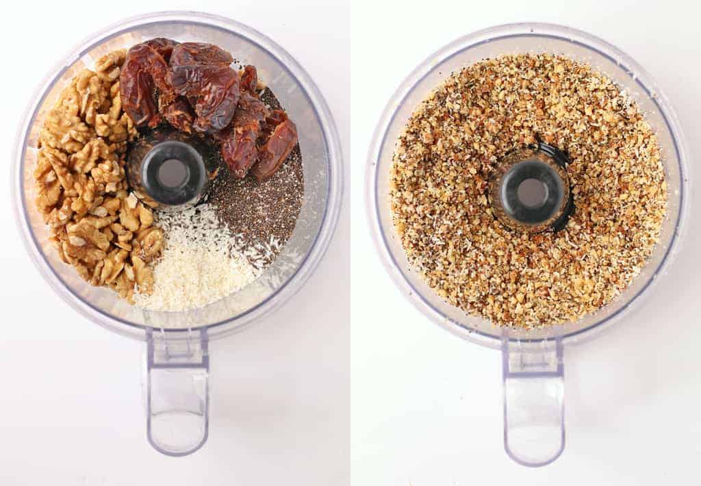 Coconut, walnuts, dates, and chia seeds in a food processor