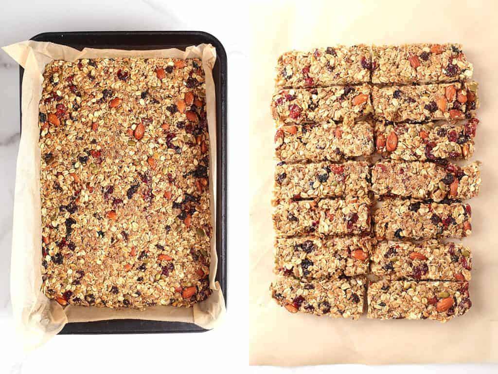 Vegan granola bars pressed into a baking sheet