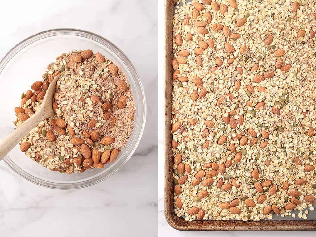 Oats, nuts, and seeds on a baking dish