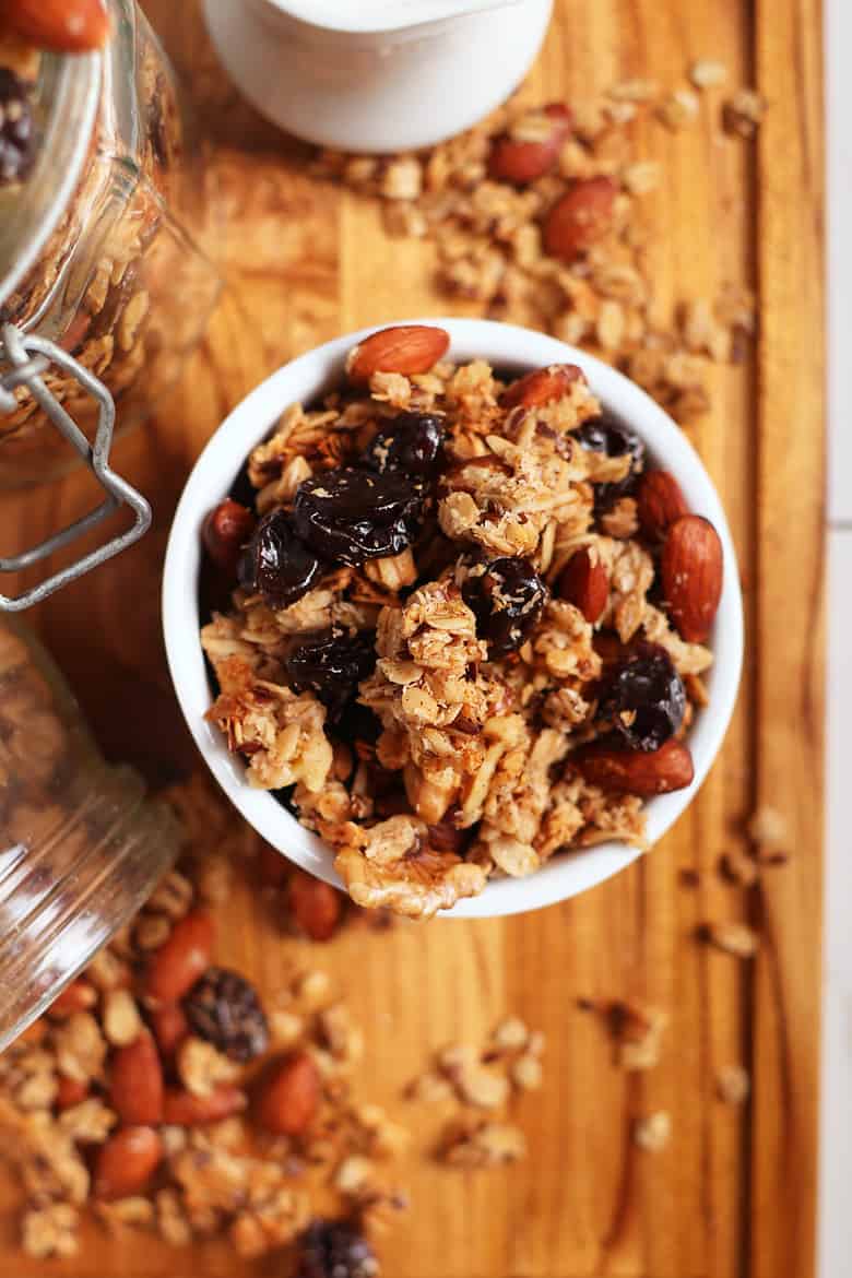 Overhead shot of homemade granola with cherries and almonds