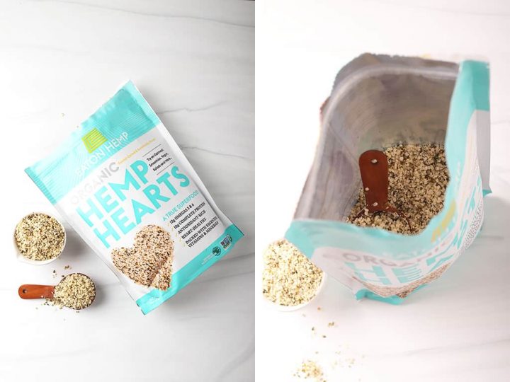side by side photos of a bag of eaton hemp hemp hearts on its side on the left, and an open bag of help hearts with a wooden tablespoon on the right