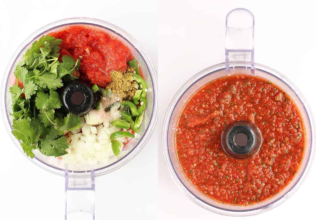 Homemade salsa in a food processor