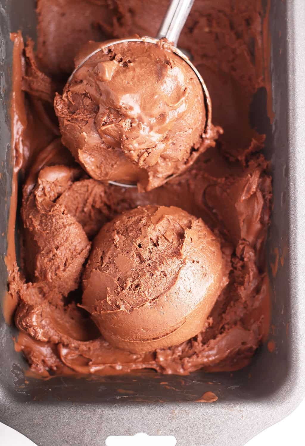 Two scoops of vegan chocolate ice cream
