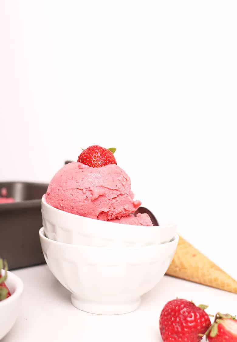 Vegan Strawberry Ice Cream in white bowl