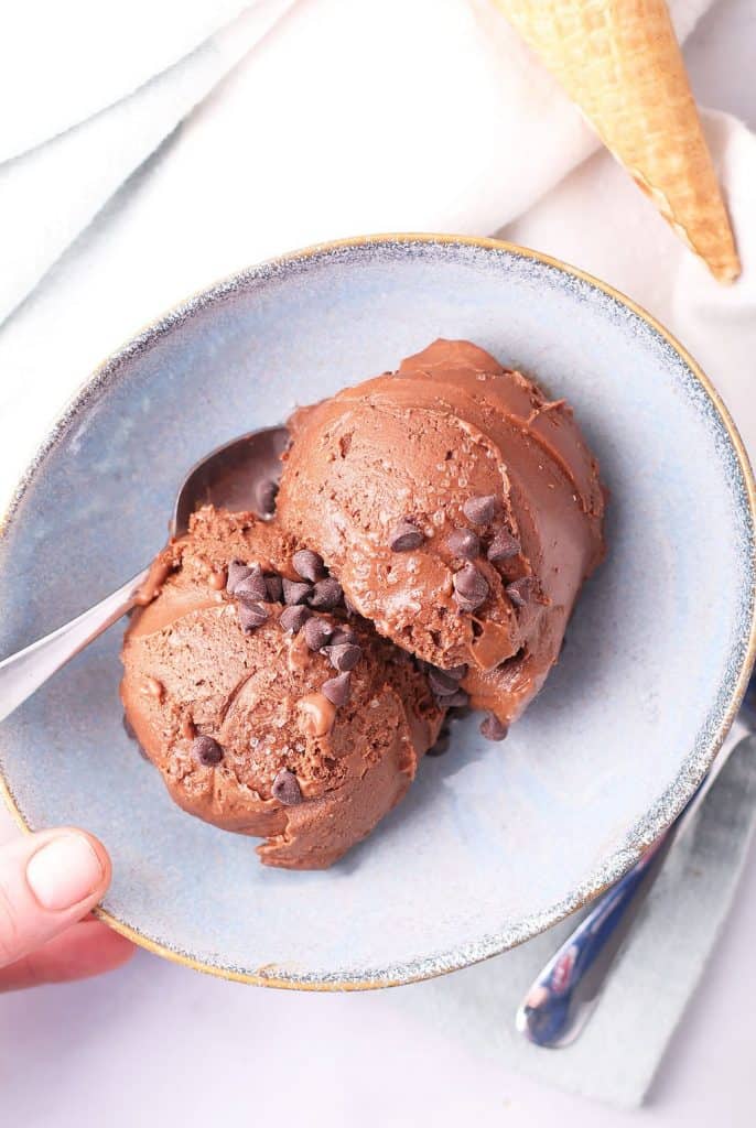Vegan Chocolate Ice Cream in a blue bowl