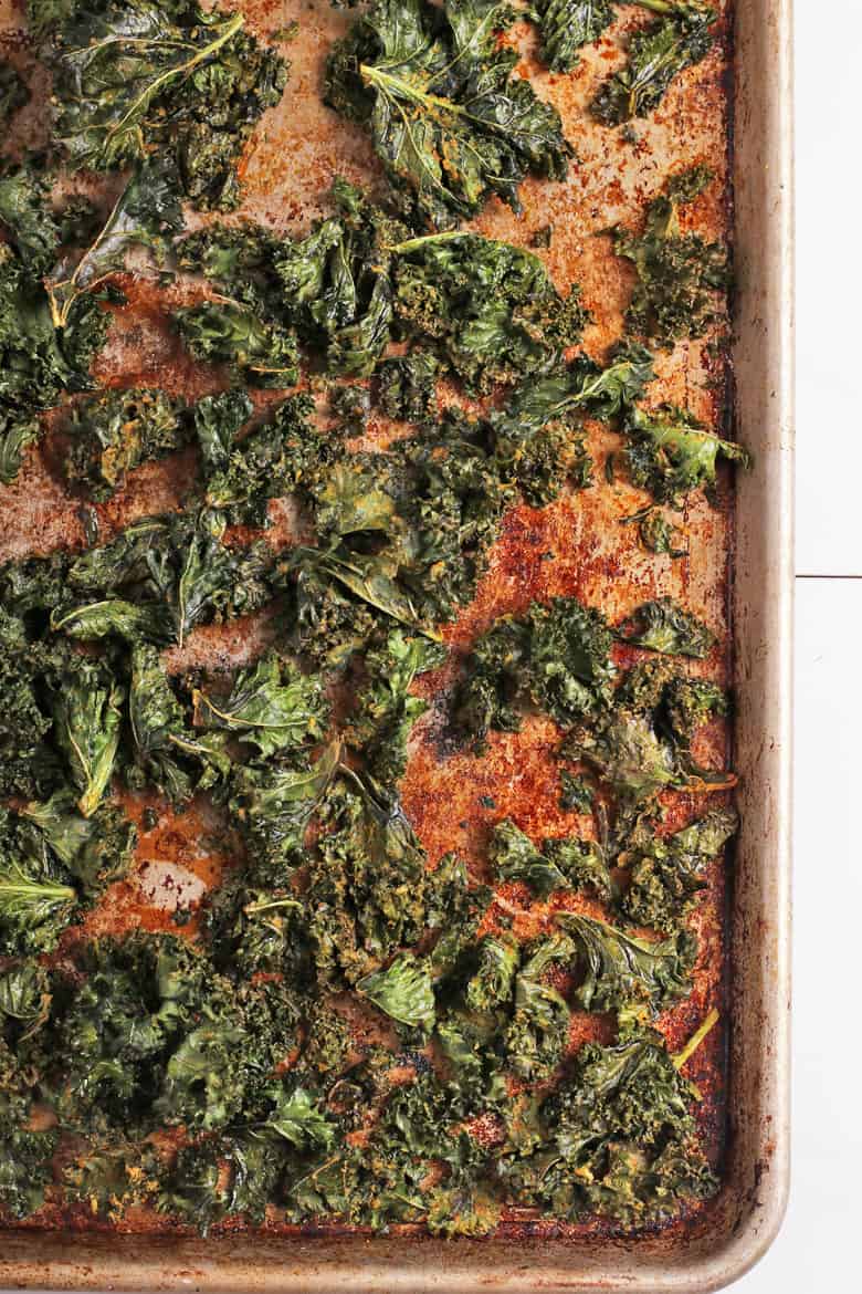 Cooked kale on a baking sheet