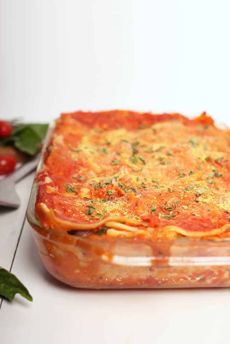 Finished lasagna in a casserole dish