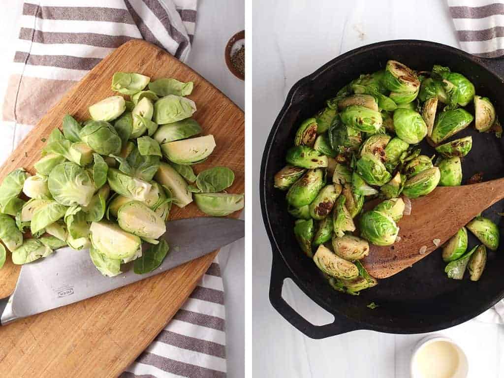 Halved Brussels sprouts sautéed in a large skillet