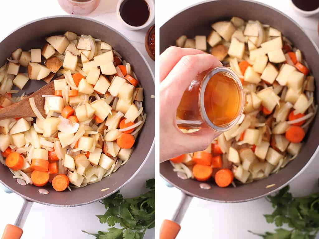 side by side images of potatoes and carrots added to skillet with sautéed onions on the left, and a hand pouring the massaman curry sauce ingredients into the skillet on the right