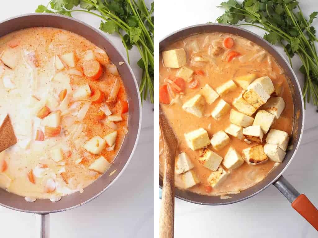 side by side images of the skillet after adding coconut milk on the left, and adding tofu to the curry in the skillet on the right