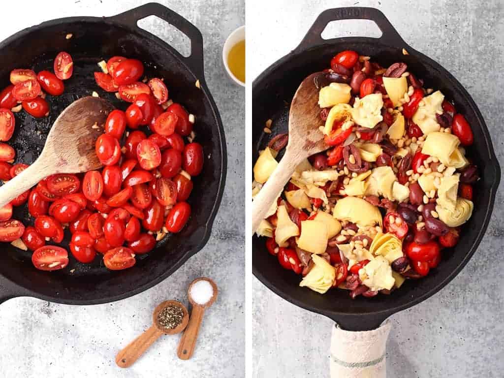 Halved cherry tomatoes sautéed in a cast iron skillet