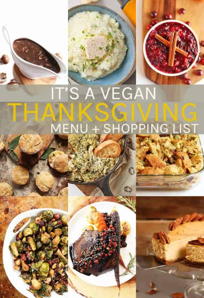 Simplify your vegan Thanksgiving with this holiday menu + shopping guide. Step-by-step directions for this nine plant-based recipe + printable recipes and shopping list for a delicious vegetarian holiday meal.