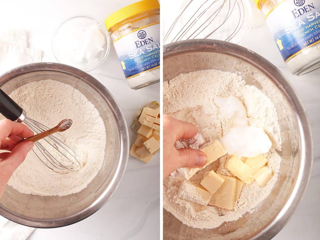 side by side images of a hand adding salt to a mixing bowl with flour on the left, and hands rubbing butter into the flour on the right