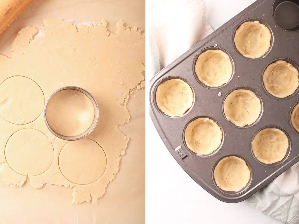side by side images showing a rolled out piece of pie dough on parchment with a biscuit cutter on the right, and a muffin tin lined with mini pie crusts on the right