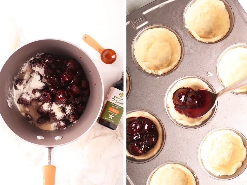 side by side images of cherry pie filling ingredients in a saucepan on the left and a spoon filling the mini muffin tin pie crusts with cherry filling on the right
