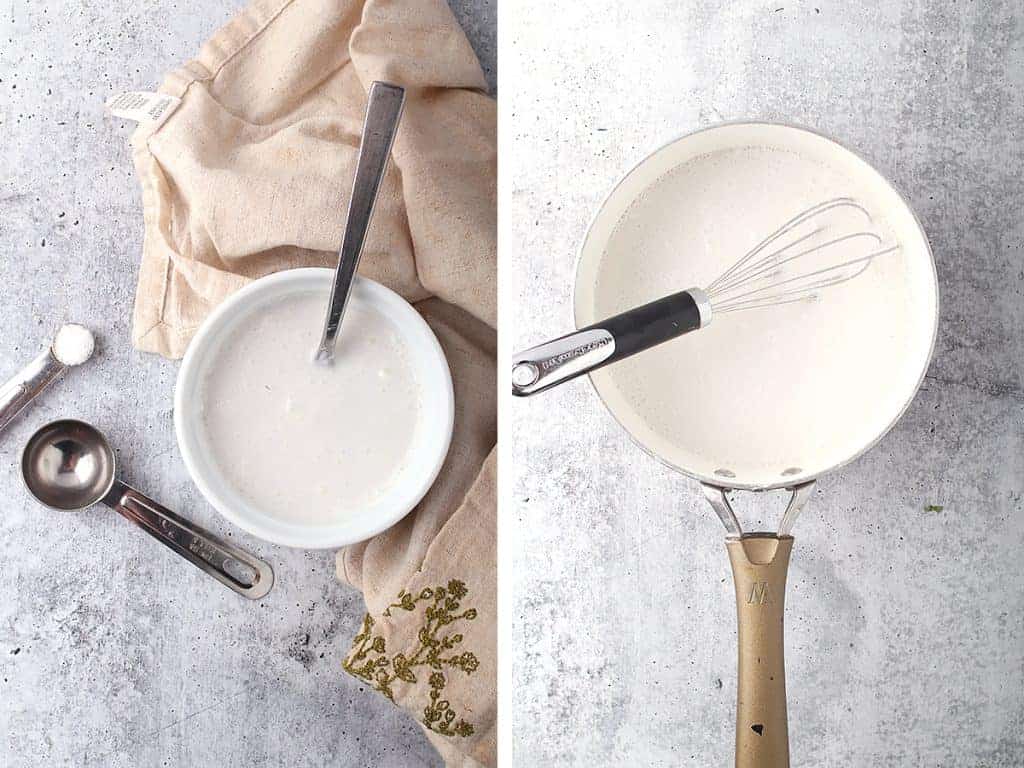 Coconut milk and ice cream in a sauce pot with a whisk