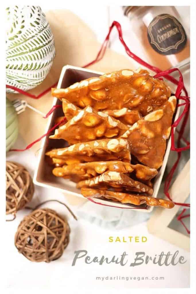 Make your own classic vegan peanut brittle! It's sweet, salty, crunchy, and filled with caramel flavor for a wonderful holiday DIY gift or sweet treat to have around the Christmas tree. 