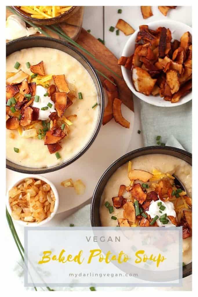 ou're going to love this fully loaded vegan Baked Potato Soup. It's a rich and creamy potato soup topped with coconut bacon, vegan cream cheese, caramelized onions, and fresh chives. It doesn't get much cozier than that! 
