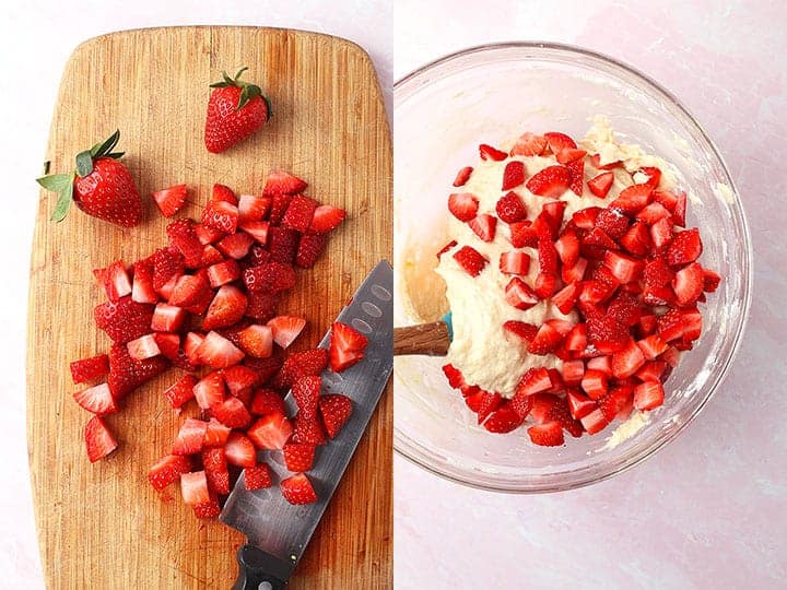 Chopped strawberries and muffin batter