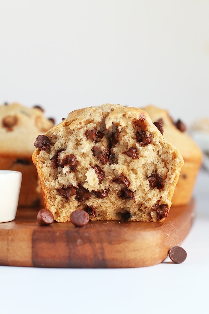 Chocolate chip muffin with a bite