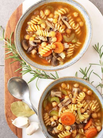 Chickpea Vegetable Noodle Soup in two bowls.
