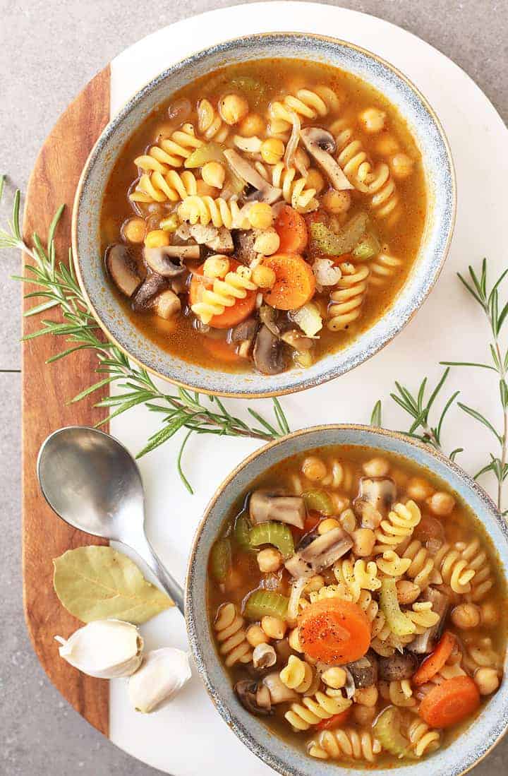 One-Pot Chickpea Vegetable Noodle Soup in two bowls.