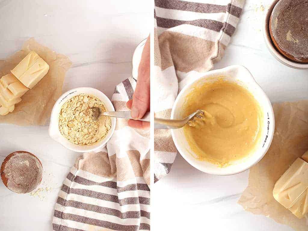 Chickpea flour and water mixed together in a small bowl to created a chickpea flour egg. 
