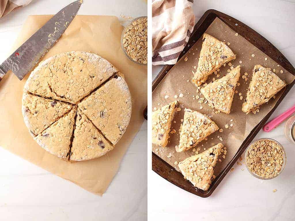 Scones cut into triangles and placed onto a parchment-lined baking sheet. 
