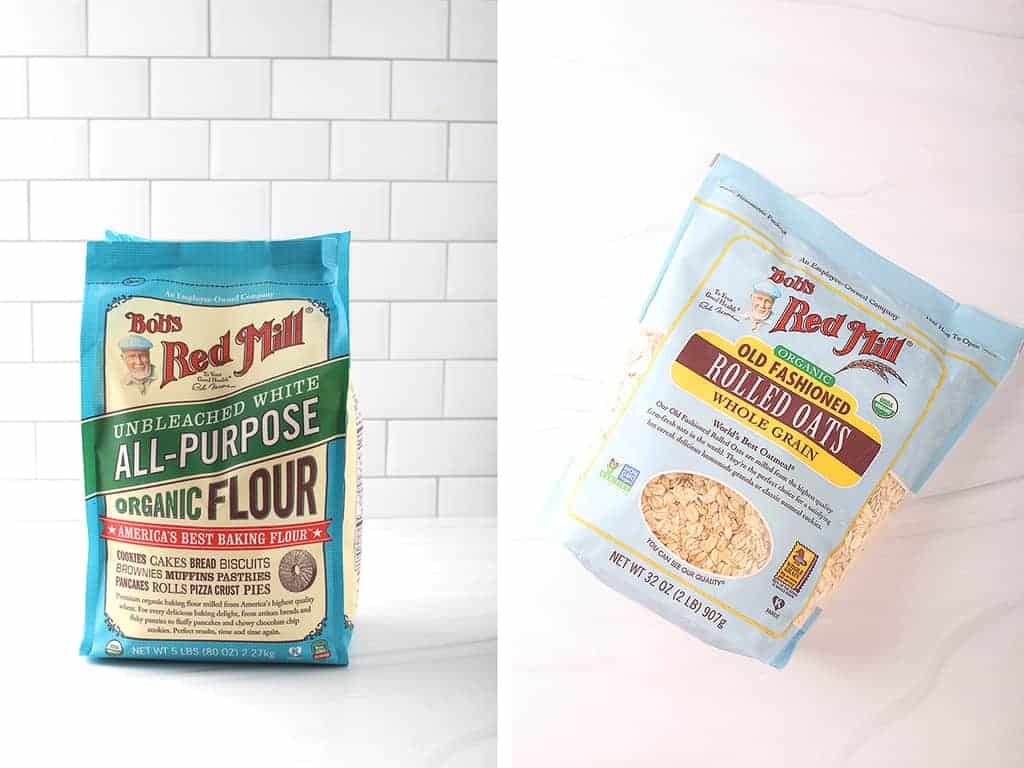 Left: Bag of Bob's Red Mill All-Purpose Flour. Right: Bag of Bob's Red Mill Old Fashioned Oats