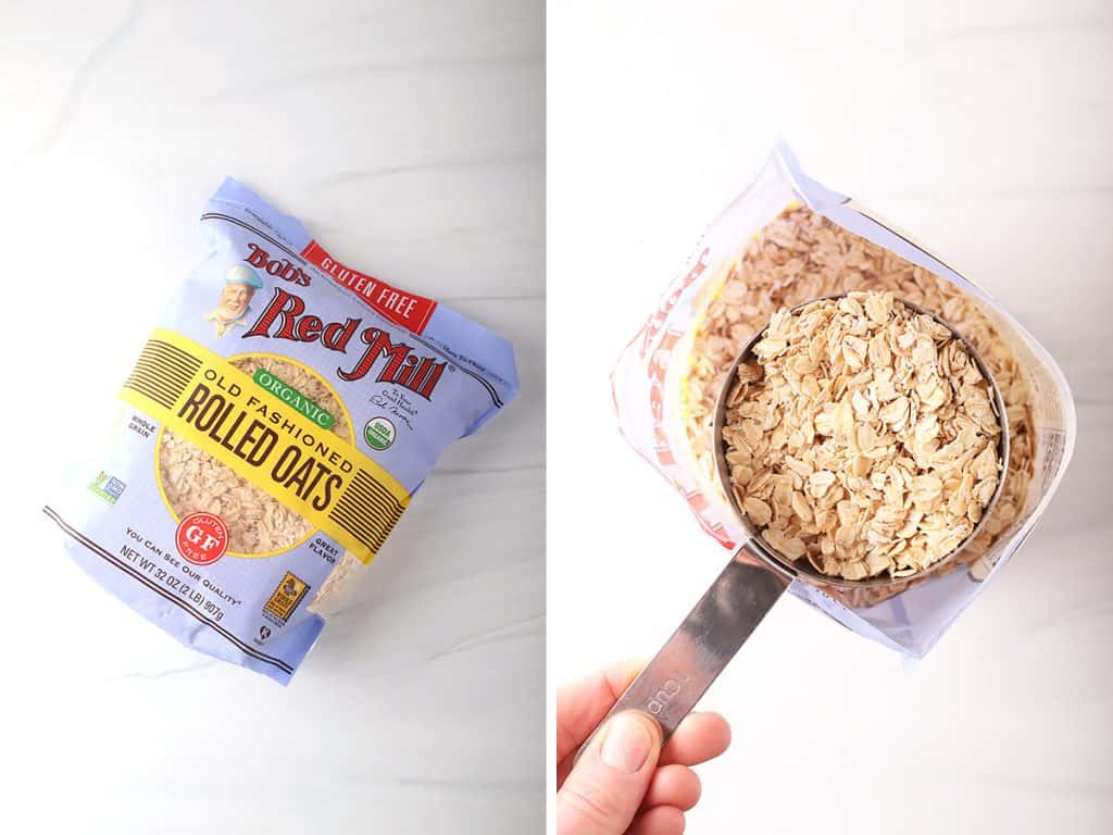 side by side images of a bag of bob's red mill organic old fashioned rolled oats on a table on the left, and a hand holding a measuring cup of rolled oats on the right