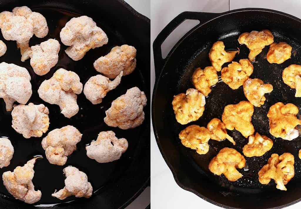 Breaded cauliflower florets in a cast iron skillet