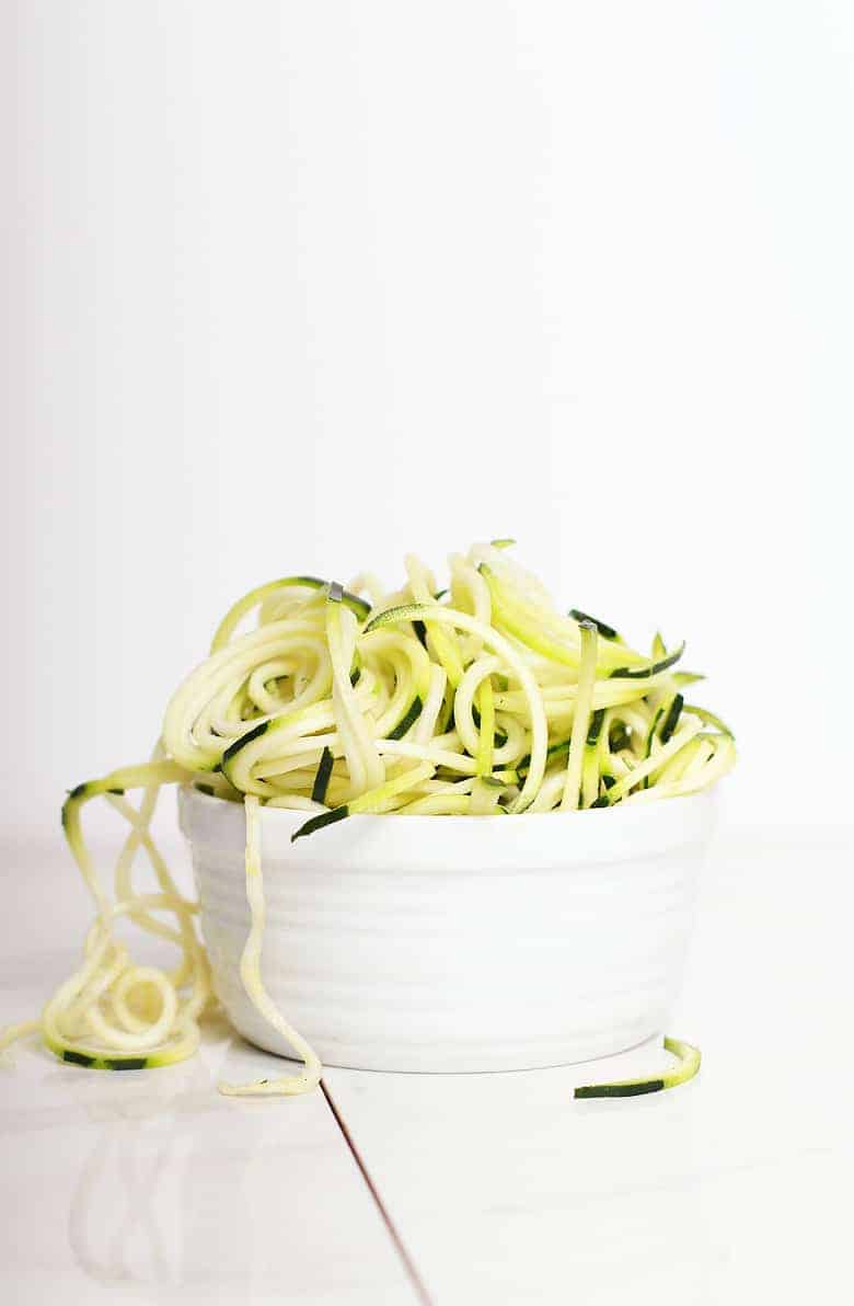 Spiralized noodles in a white dish