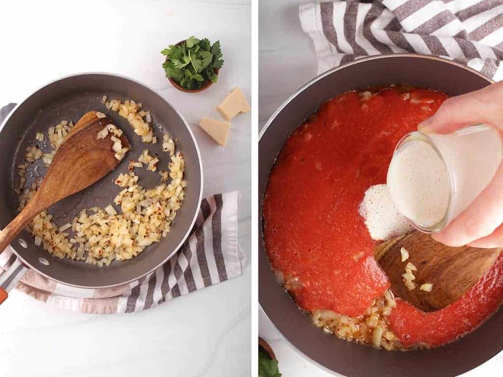 side by side images illustrating how to make vegan vodka sauce - sautéing onions, garlic and red pepper flakes on the left, adding puréed tomatoes and cashew cream on the right