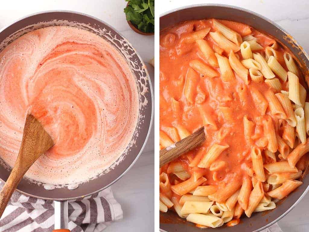 side by side images - wooden spoon stirring vegan vodka sauce in sauté pan on the left, pasta added to the sauce on the right