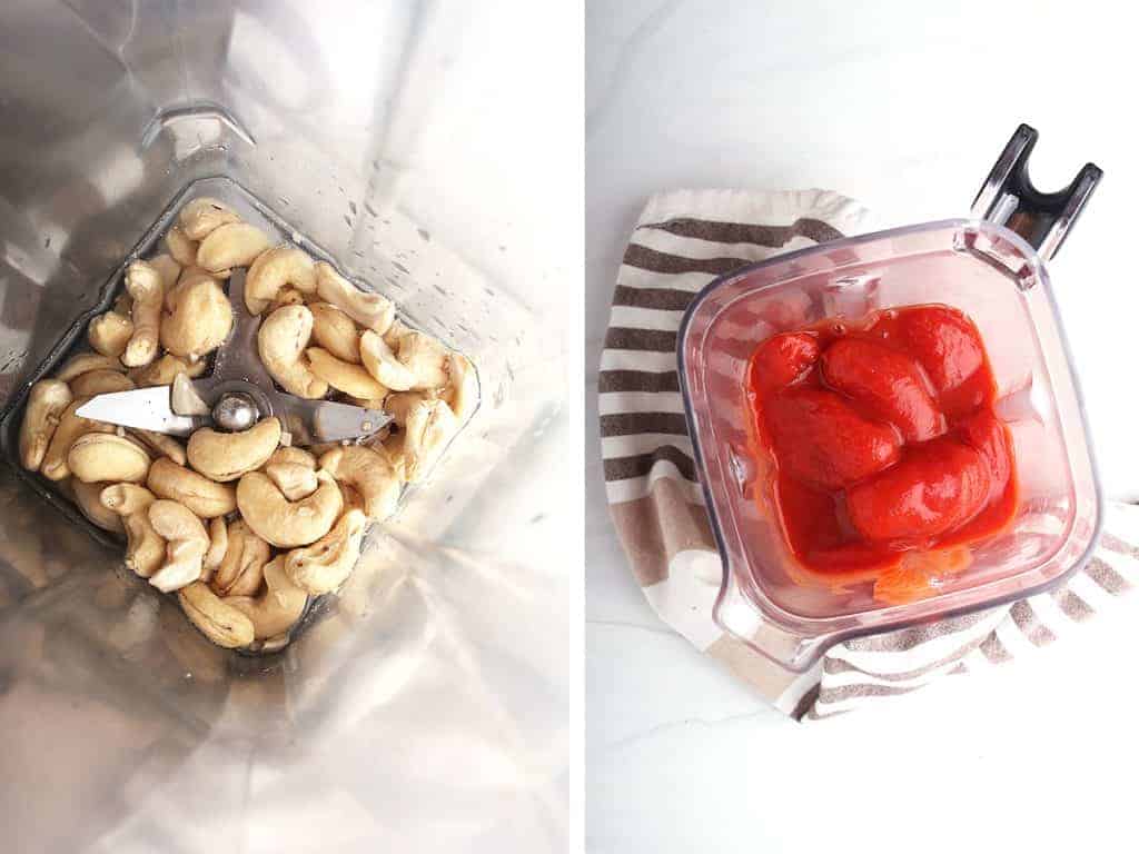 side by side images overhead of blender pitcher - raw cashews and water on the left, whole canned tomatoes and their sauce on the right